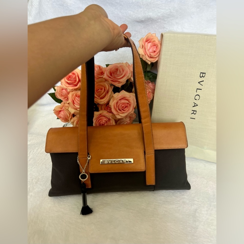 BVLGARI  Leather & Canvas Shoulder Bag/ Handbag. Authentic